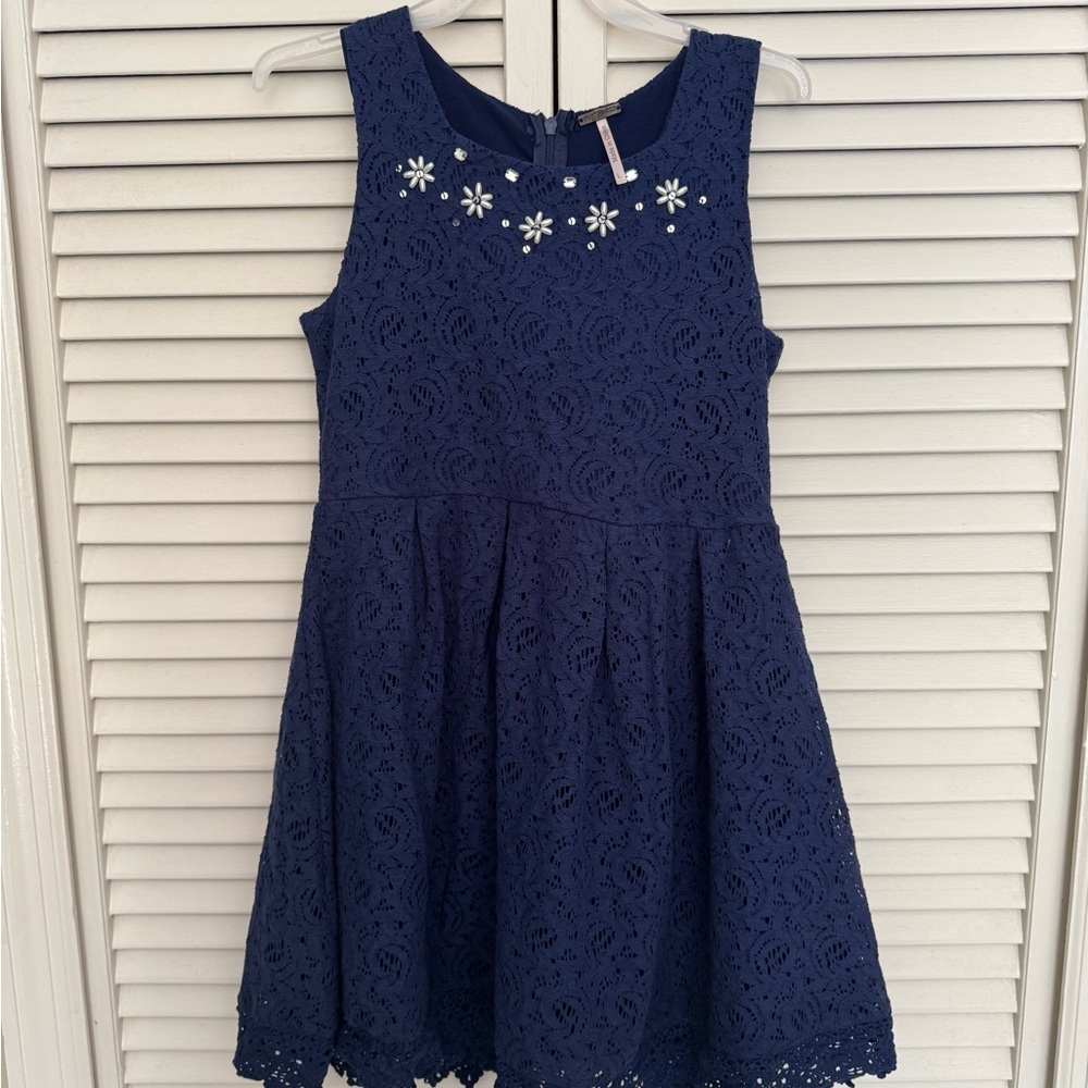 Charming Navy Lace Kids Dress with Floral Details